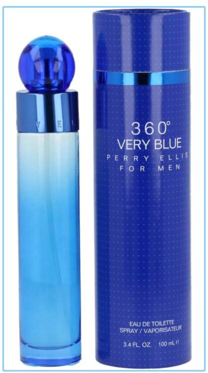 Perry Ellis Eau De Toilette en espray para hombre, 360° Very Blue, Colonia para hombre, perfume de larga duración, EDT, fragancia con notas de bergamota, pera y almizcle, 3.4 onzas líquidas (3.4 fl oz) 100ml