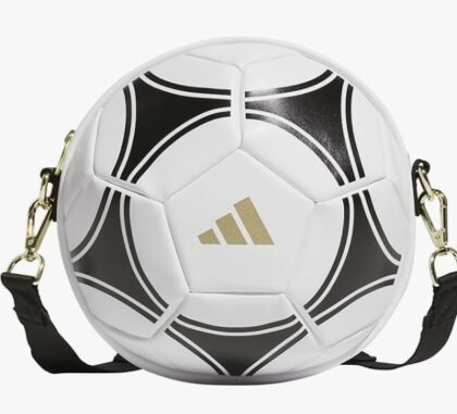adidas – Bolso Crossbody Redondo Soccer Ball – Blanco/Negro con Logo Dorado