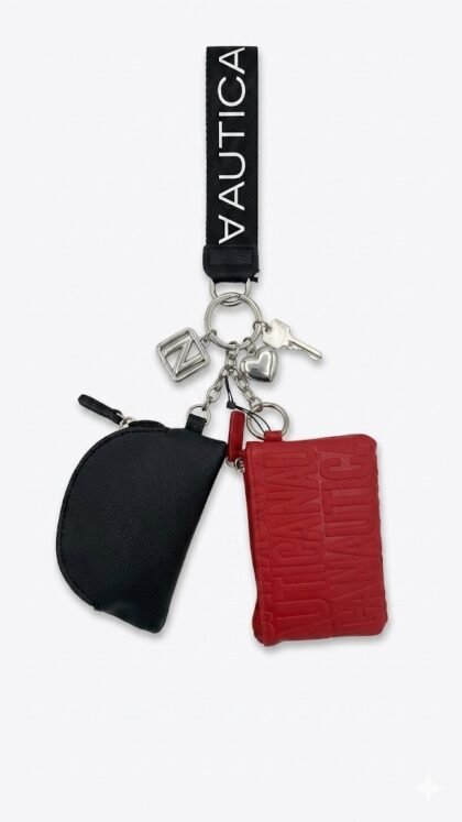 Nautica Set 3 Piezas para Mujer – Monedero, Llavero y Mini Cartera – Negro/Rojo