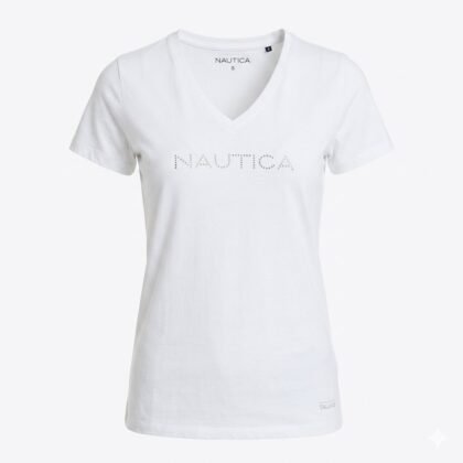 Nautica Studded V‑Neck T‑Shirt Blanca – Franela Mujer Talla S