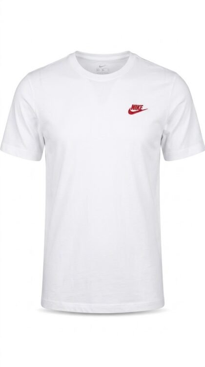 Nike Men’s Sportswear Club T‑Shirt – Camiseta para Hombre – BLANCO con Logo ROJO Y NEGRO – Talla XL