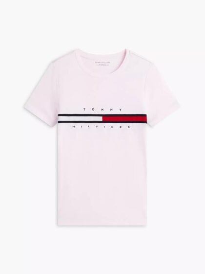 Tommy Hilfiger Embroidered Flag Stripe Logo T‑Shirt Light Pink – Talla S