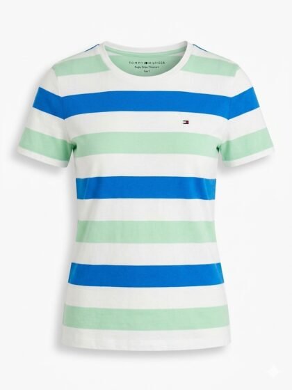 Tommy Hilfiger Rugby Stripe Crewneck T‑Shirt – Green Tide Dynamic Blue Multi – Talla S