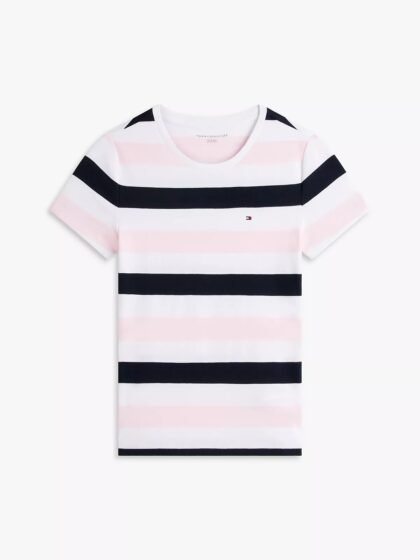 Tommy Hilfiger Rugby Stripe Crewneck T‑Shirt – Icy Pink Stripe – Talla S