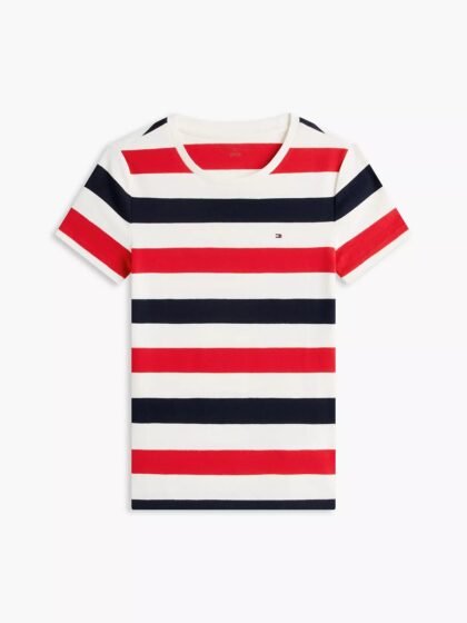 Tommy Hilfiger Rugby Stripe Crewneck T‑Shirt – Ivory Silk / Navy Multi – Talla M