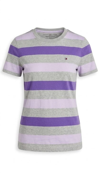 Tommy Hilfiger Rugby Stripe Crewneck T‑Shirt – Gris Morado Lila – Talla M