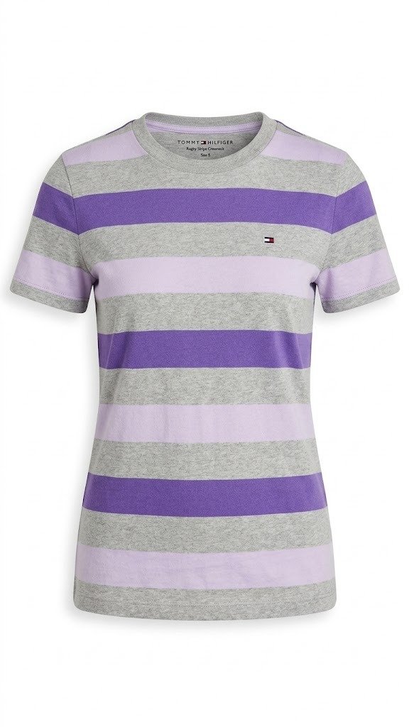 Tommy Hilfiger Rugby Stripe Crewneck T‑Shirt – Gris Morado Lila – Talla M