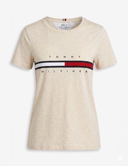 Tommy Hilfiger Women’s Beige Logo T‑Shirt – Franela Beige Talla S