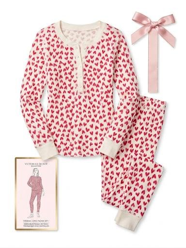 Victoria’s Secret Thermal Long Pajama Set Signature White Hearts