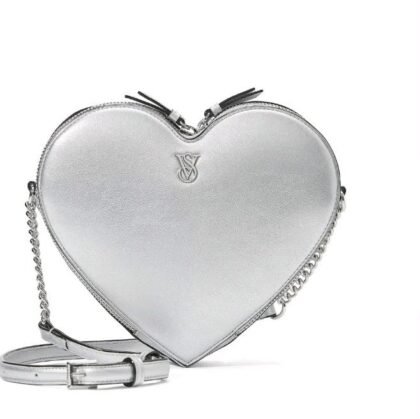 Victoria’s Secret Small Metallic Silver Faux Leather Heart Crossbody Bag NWT
