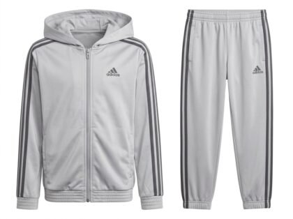 Conjunto de Mono Deportivo Juvenil 2 Piezas con Capucha Adidas Youth Hooded Tricot Set (Chaqueta + Pantalón) - Gris Plata - Talla L (14/16)