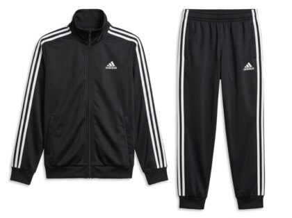 Conjunto de Mono Deportivo Juvenil 2 Piezas Adidas Youth Tricot Set (Chaqueta + Pantalón) - Negro con Franjas Blancas - Talla L (14/16)