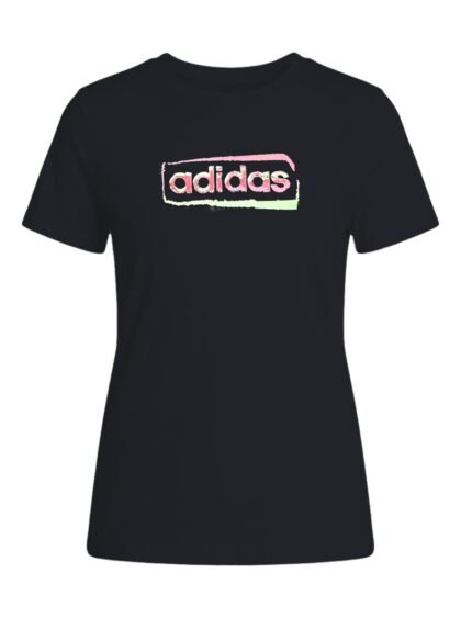 Franela Camiseta Adidas Stencil Word - Negro (Legend Ink) con Gráfico Rosa y Menta - Talla S para Mujer