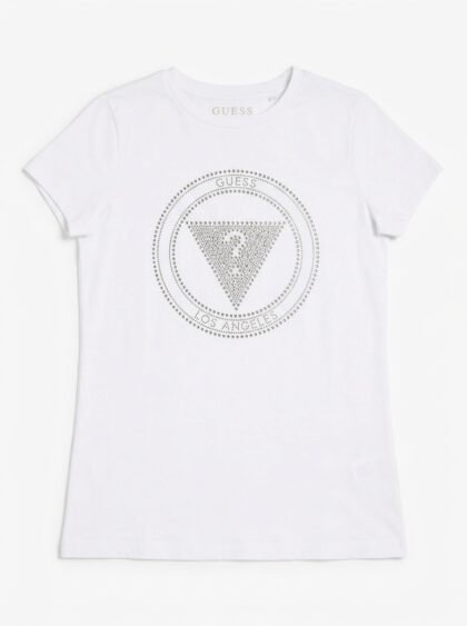 Franela Guess Los Angeles con Logo de Pedrería Plateada para Mujer - Blanco - Talla XS