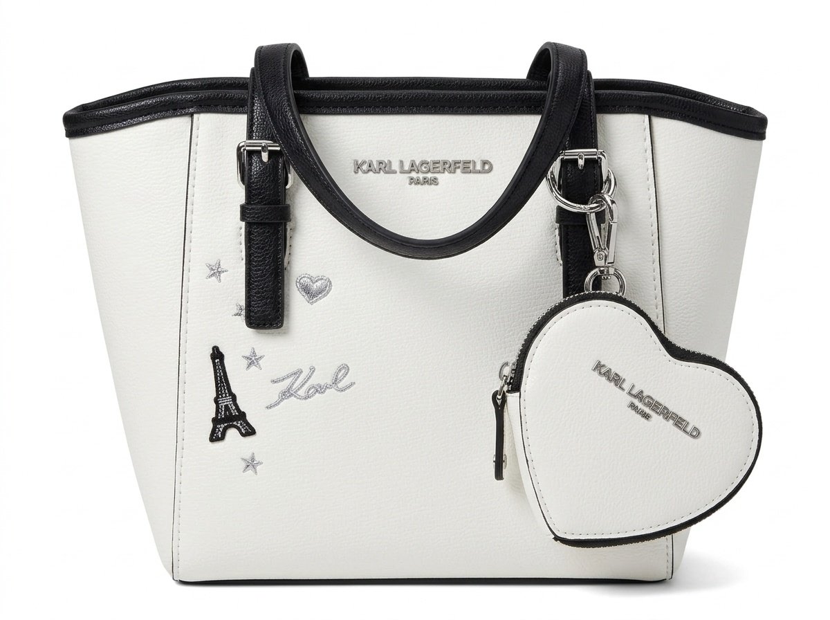 Bolso Tote Karl Lagerfeld Paris con Monedero de Corazón y Parches París - Blanco Invierno y Negro (LSGDU723)