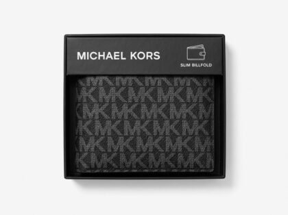 Billetera Delgada para Hombre Michael Kors Slim Billfold con Monograma MK en Estuche de Regalo - Negro y Gris Carbón