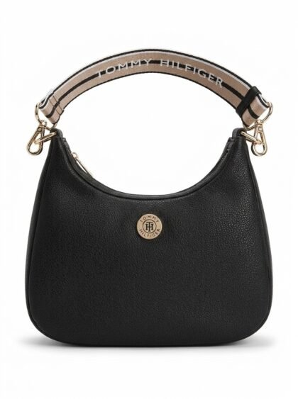 Bolso de Hombro y Bandolera Tipo Hobo con Correa Tejida Tommy Hilfiger (69JA030) - Negro con Medallón Dorado