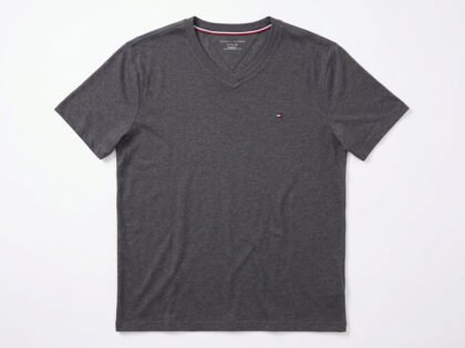 Camiseta Tommy Hilfiger Cuello V Gris Jaspeado con Logo Bordado Talla XL