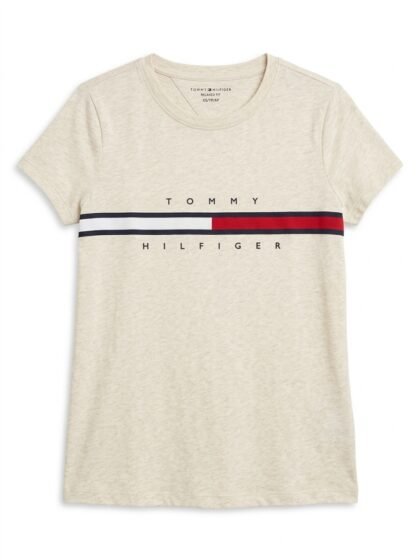 Franela Camiseta Tommy Hilfiger Relaxed Fit Franja Tricolor - Beige Avena Jaspeado - Talla XS para Mujer