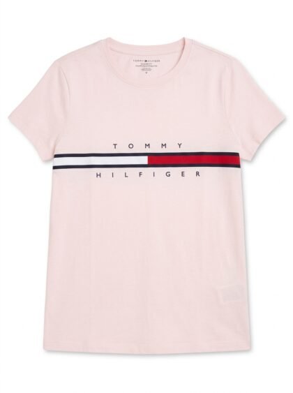 Franela Camiseta Tommy Hilfiger Relaxed Fit Franja Tricolor - Rosa Pastel Claro - Talla M para Mujer