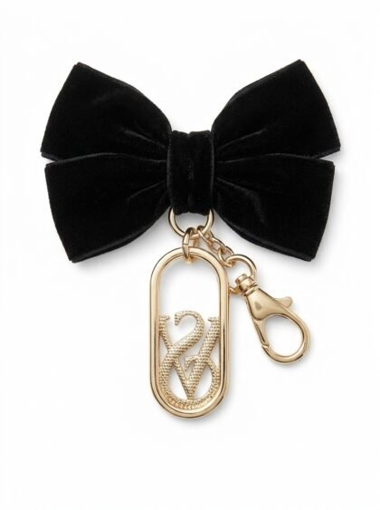 Llavero y Charm para Bolso Lazo de Terciopelo Negro con Monograma Dorado Victoria's Secret (7GKK)