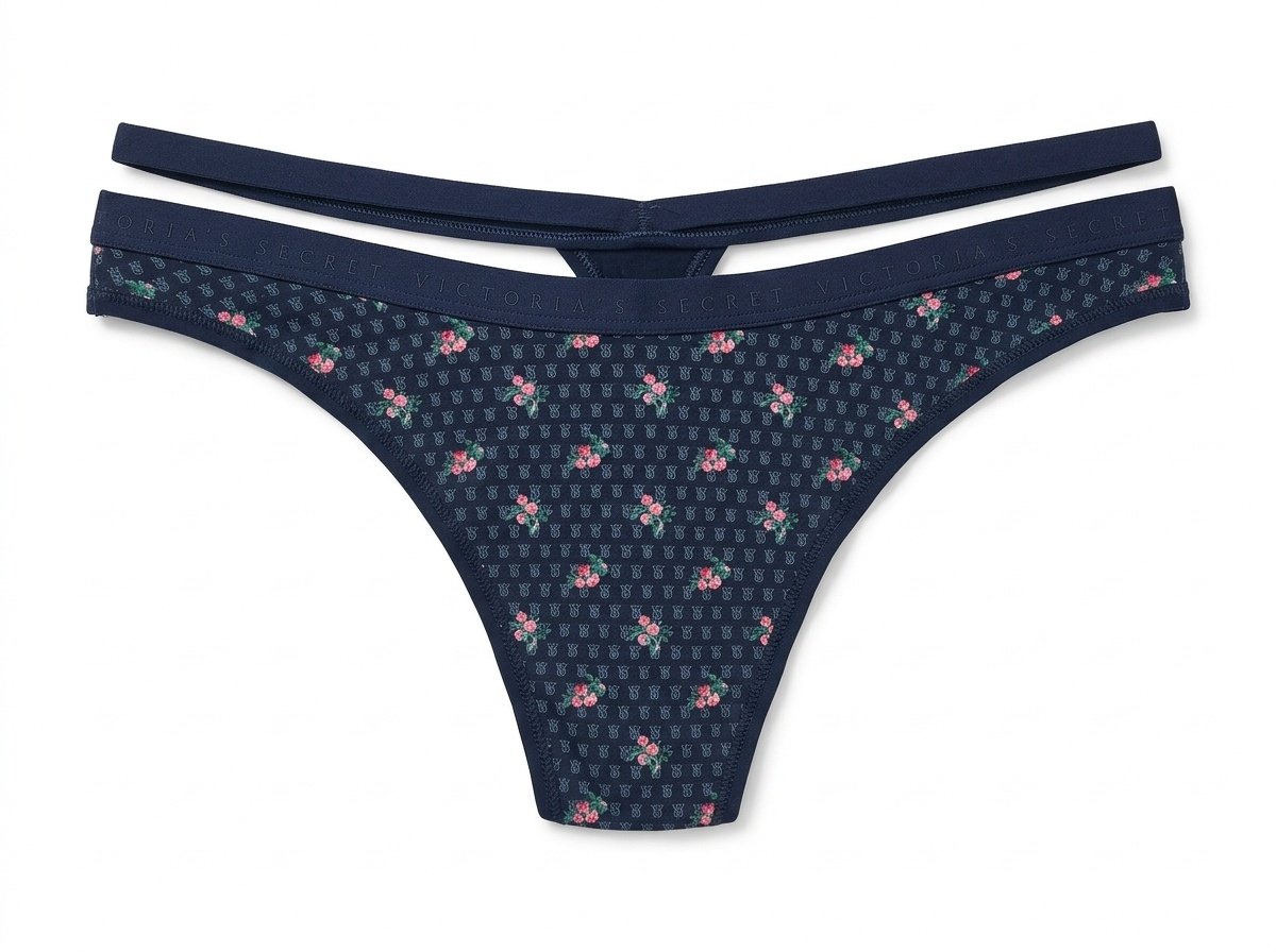Panty Hilo Tira Doble Victoria's Secret - Azul Marino con Monograma VS y Flores (85JH) - Talla S