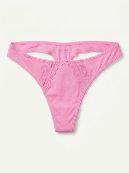Panty Hilo de Algodón Acanalado con Encaje y Doble Tira en Cintura Victoria's Secret - Rosa Chicle (1G50) - Talla S