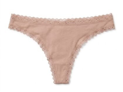 Panty Hilo de Algodón Acanalado con Bordes de Encaje Victoria's Secret - Rosa Nude / Malva Claro (65H8) - Talla M
