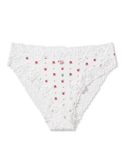 Panty Victoria's Secret Blanco Estampado Rosas Rojas con Encaje Talla M